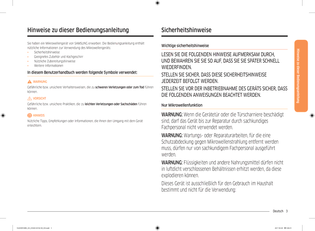 Samsung NQ50J9530BS/EG Hinweise zu dieser Bedienungsanleitung Sicherheitshinweise, Wichtige sicherheitshinweise, Deutsch  